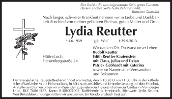 Traueranzeige von Lydia Reutter von Pegnitz-Zeitung